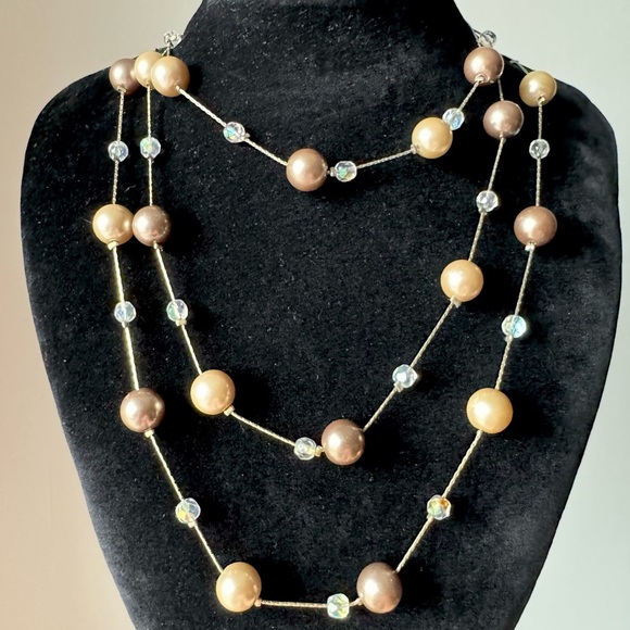 Lia Sophia Station Necklace Gold Brown Beige Pearls (Vintage Flapper Girl Pearl) - Picture 3 of 17